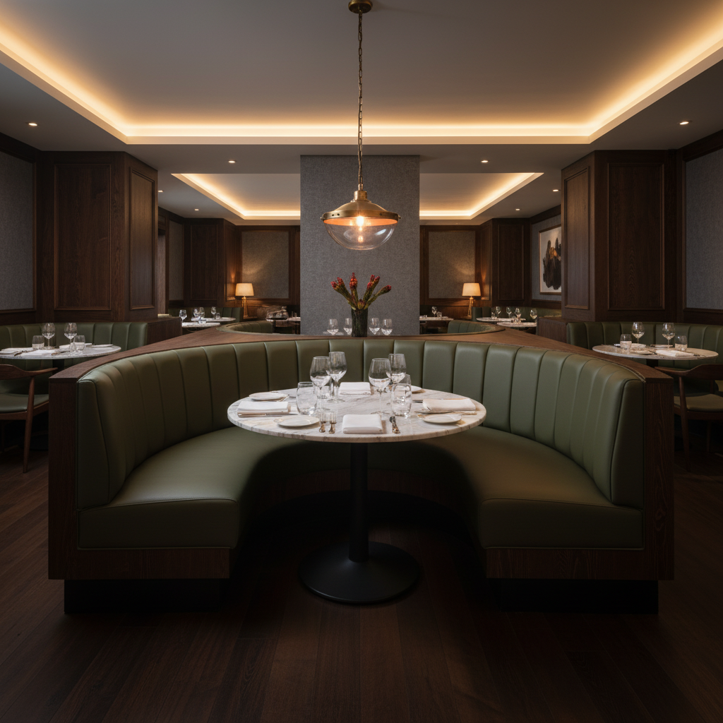 Smooth Pebble Grain Deep Olive Upholstered Banquette | Architectural Fabrics