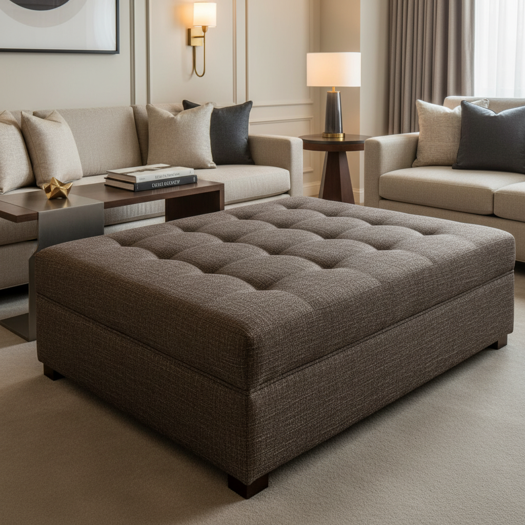 Woven Tweed Texture Cocoa Bean Upholstered Ottoman | Architectural Fabrics