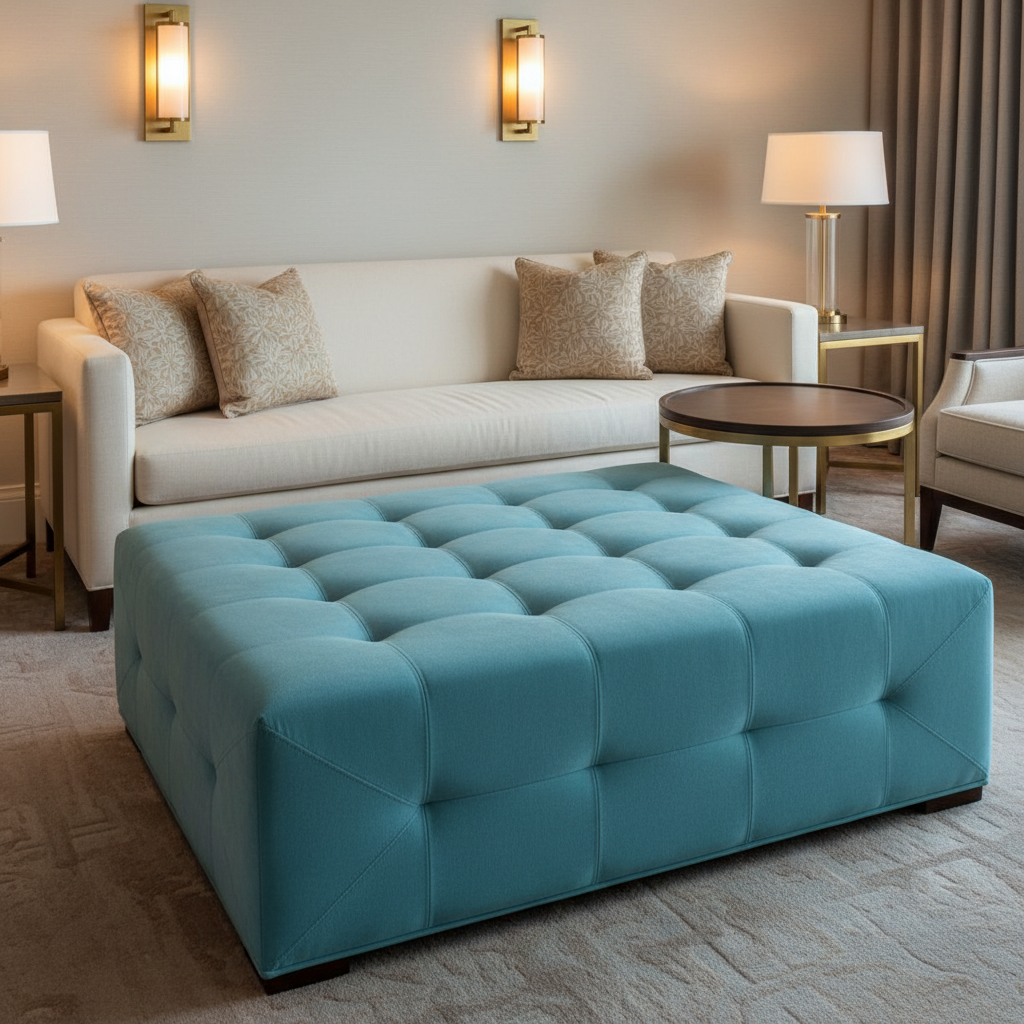 Ultrasuede  Robin's Egg Blue, Aqua Upholstered Ottoman | Ultrasuede Upholstery