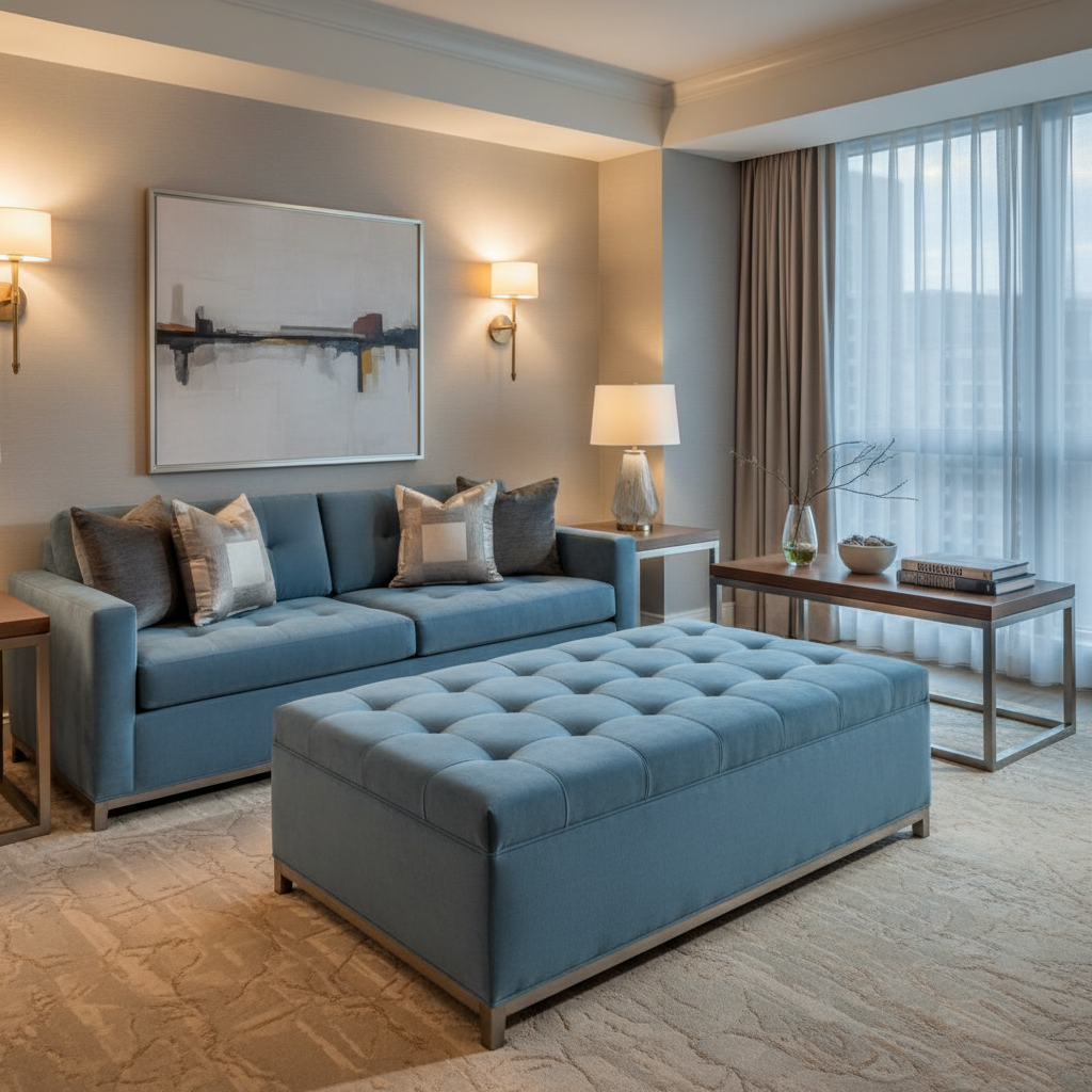 Ultrasuede  Moonstone  Blue Upholstered Ottoman | Ultrasuede Upholstery