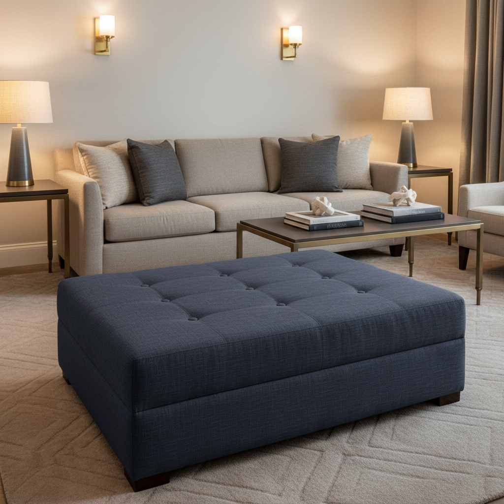 Fine Linen Weave Deep Indigo Upholstered Ottoman | Architectural Fabrics