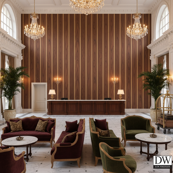 Biscay Bay Rustic Stripe Wood Grain | Hollywood Wallcoverings - Hotel Lobby commercial room setting