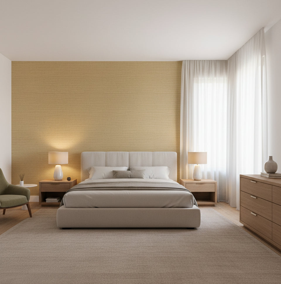 Firenze Beige Grasscloth Wallcovering | Fentucci - bedroom room setting