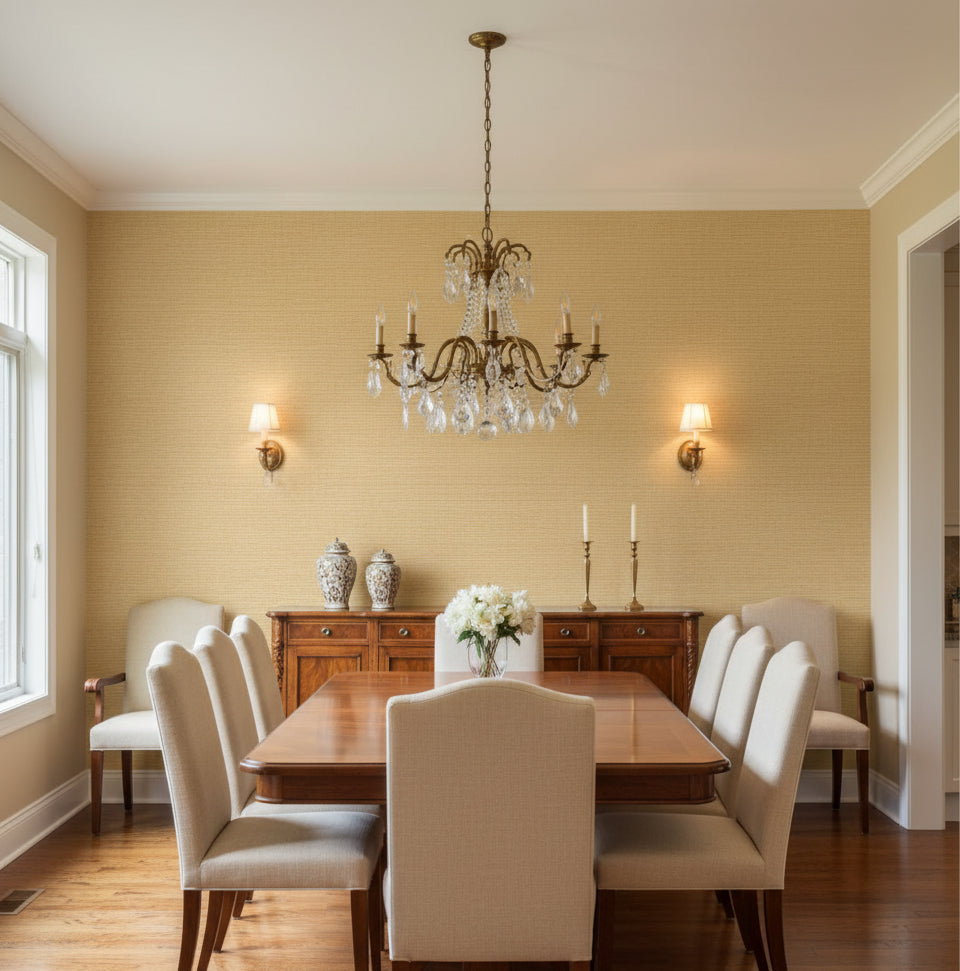 Firenze Beige Grasscloth Wallcovering | Fentucci - dining room room setting