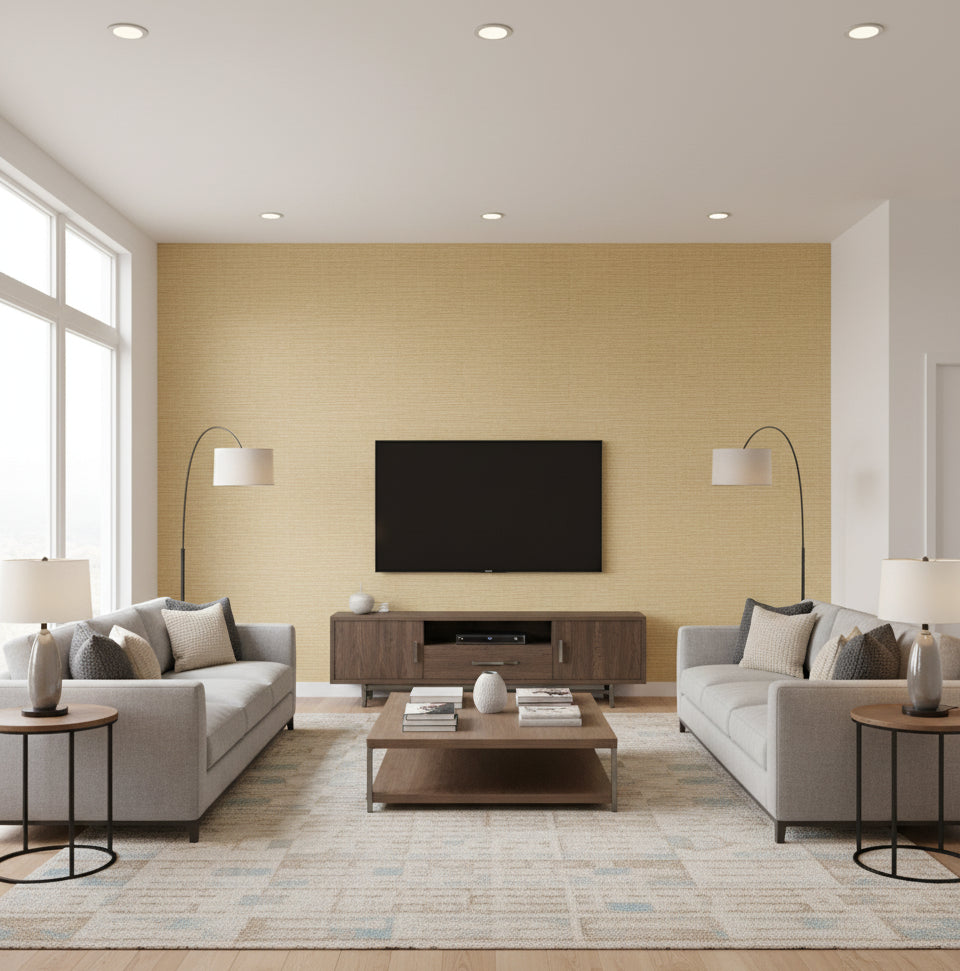 Firenze Beige Grasscloth Wallcovering | Fentucci - living room room setting