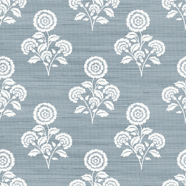 Flourish Block Print Mineral Blue Faux Grasscloth Peel and Stick Wallcovering | Jeffrey Stevens