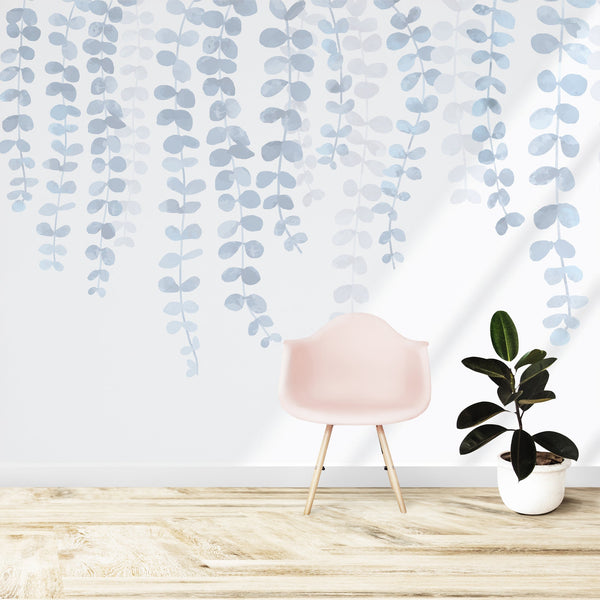 Watercolor Eucalyptus blue Leaves Wallcovering | DW Bespoke Studios