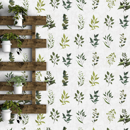 Watercolor Green Leaves and Branches Minimalist | Architectural Wallcoverings