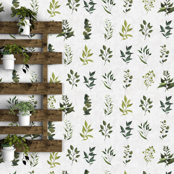 Watercolor Green Leaves and Branches Minimalist | Architectural Wallcoverings