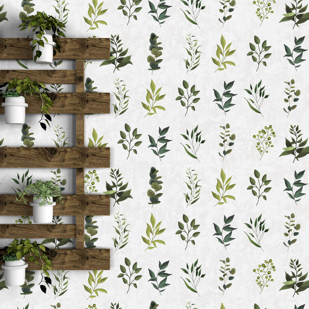 Watercolor Green Leaves and Branches Wallpaper - Minimalist Design