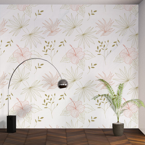 Minimalistic Tropical Leaves and Hibiscus Flowers (Adrian) Wallcovering | DW Bespoke Studios