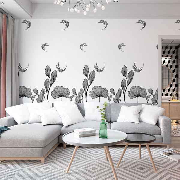 Gingko Leaves - Line Art with Floating Feathers Contemporary | Architectural Wallcoverings