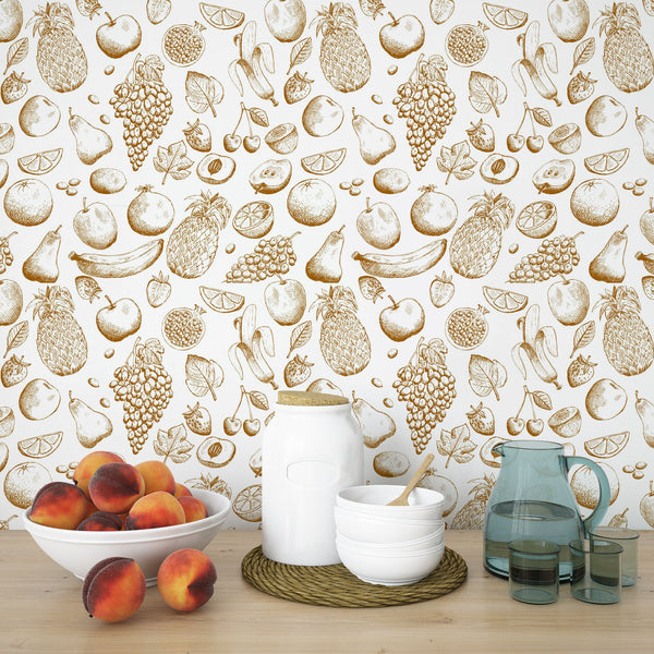 Vintage Fruit Illustration - Monochrome Brown on White Wallcovering | DW Bespoke Studios