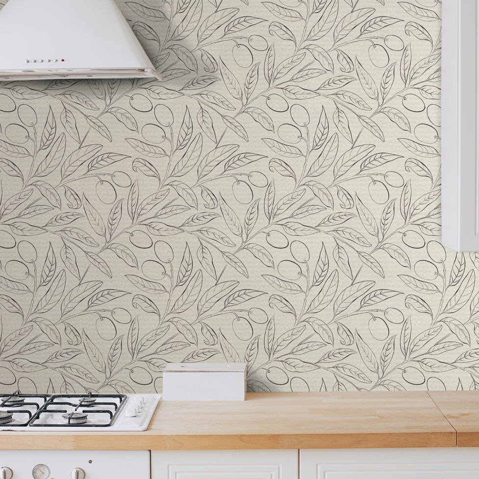 Minimalistic Olive Tree Branch - Black Line Art on Light Background Wallcovering | DW Bespoke Studios