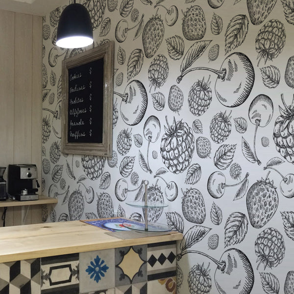 Vintage Engraved Berries - Strawberry, Cherry, Raspberry Scandinavian | Architectural Wallcoverings