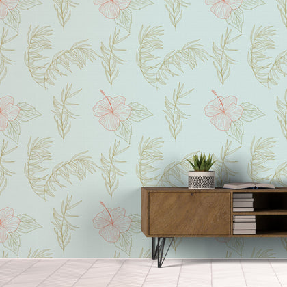 Hand-Drawn Hibiscus and Leaves - Pastel Color Palette Tropical | Architectural Wallcoverings