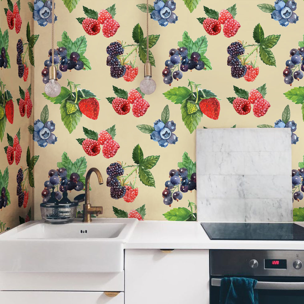 Watercolor Mixed Berries and Green Leaves - Light Yellow Background Wallcovering | DW Bespoke Studios