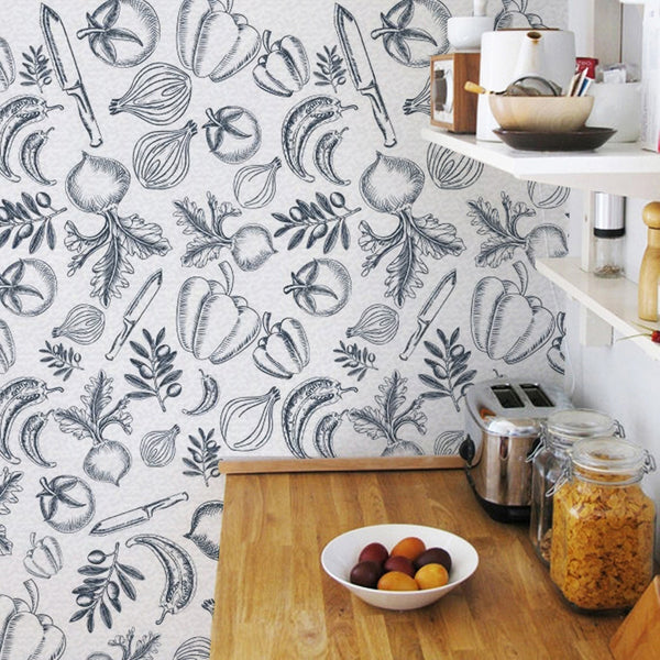 Vintage Hand-Drawn Vegetables and Spices Scandinavian | Architectural Wallcoverings