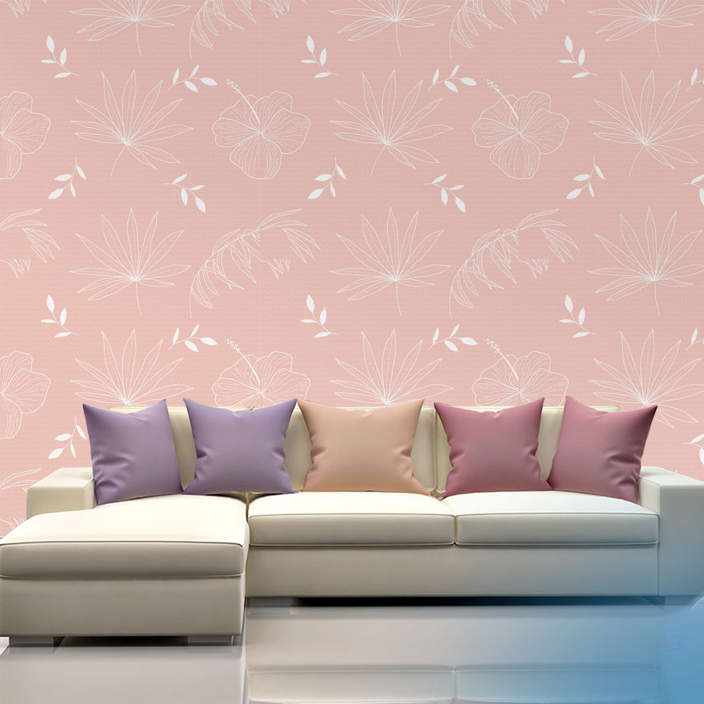 Monochromatic Hibiscus and Tropical Leaves Wallpaper - Pink Background