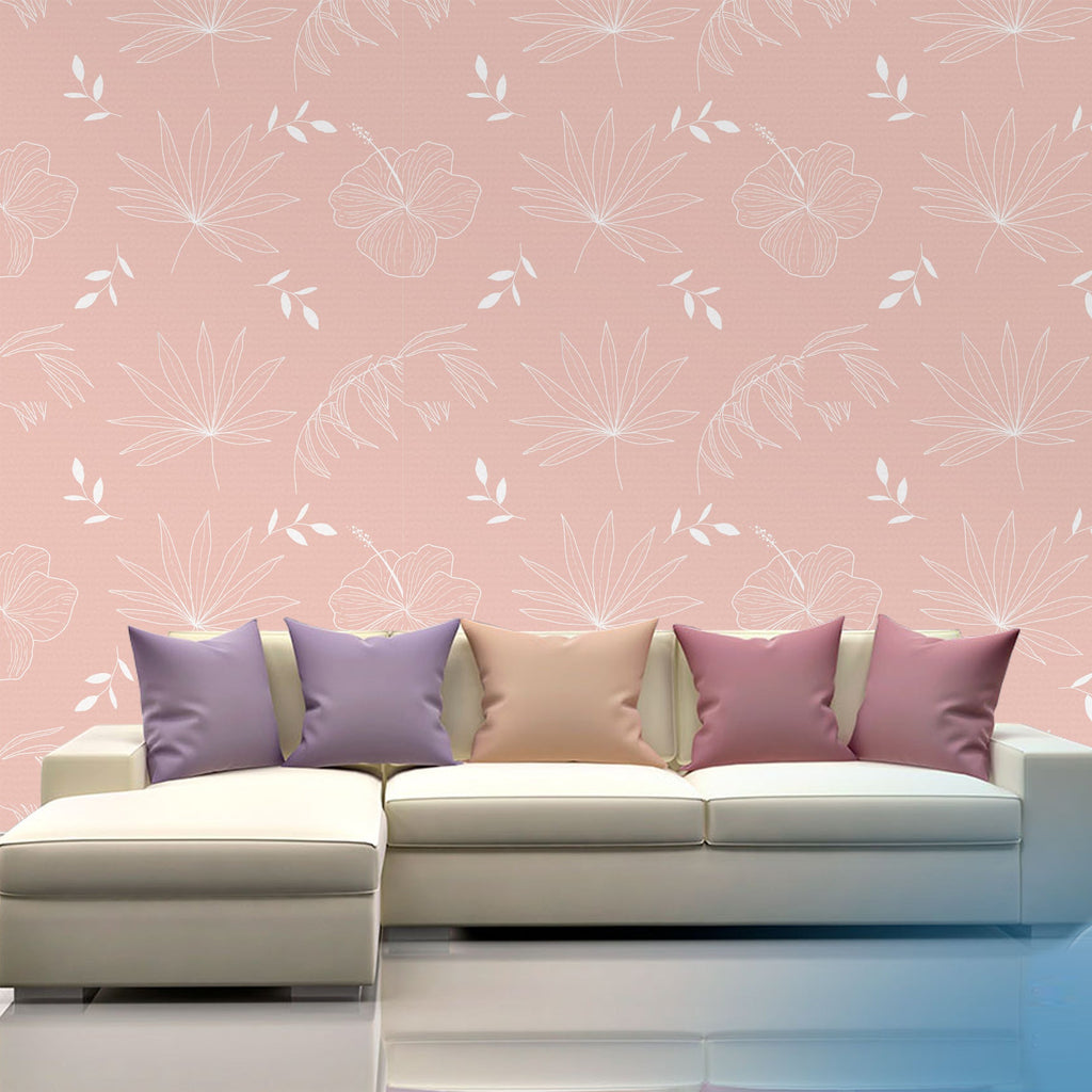 Monochromatic Hibiscus and Tropical Leaves - Pink Background Wallcovering | DW Bespoke Studios