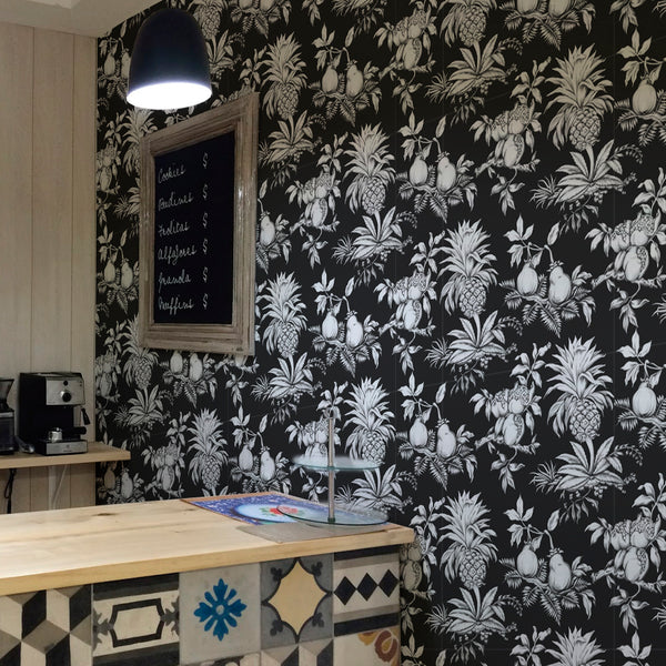 Vintage Pomegranate and Pineapple Black Toile Tropical | Architectural Wallcoverings