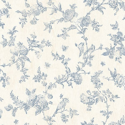 French Nightingale Blue Floral Scroll Wallcovering | Jeffrey Stevens