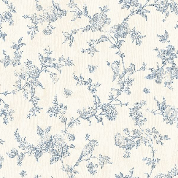 French Nightingale Blue Floral Scroll Wallcovering | Jeffrey Stevens - Image 1