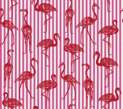 Fuchsia Pink & Crimson Red Stripe with Flamingos Wallcovering | DW Bespoke Studios