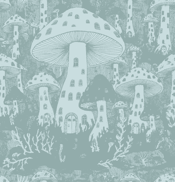 Mushroom Metropolis - Eucalyptus Mist - Whimsical Wallcoverings