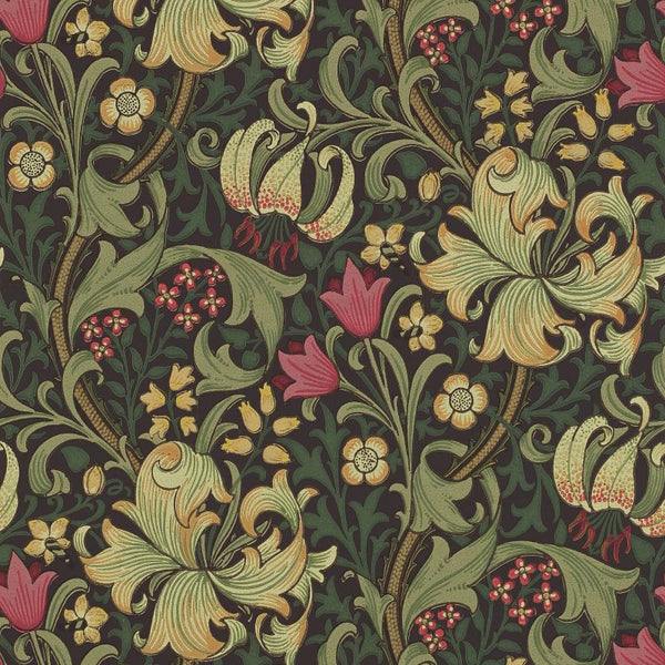 Golden Lily Wallpaper Olive Charcoal | William Morris