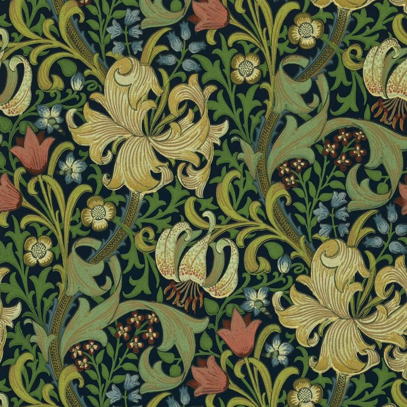 Golden Lily Wallpaper Green Black | William Morris