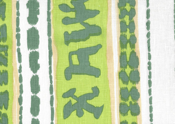Abaco Stripe Greens Camel on White Screen Printed Fabric | China Seas