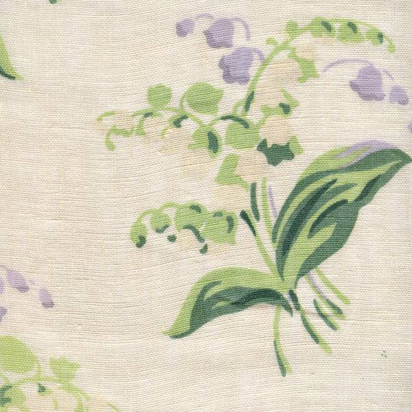 Lilies of the Valley, Greens Lavender on Old Ivory Linen Sheer Fabric | Quadrille