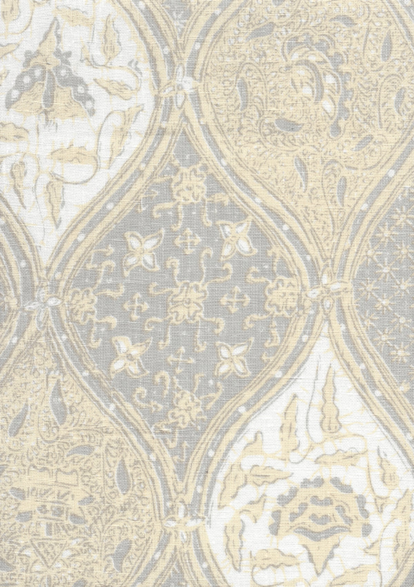 Balinese Batik Gray Cream on White Screen Printed Fabric | China Seas