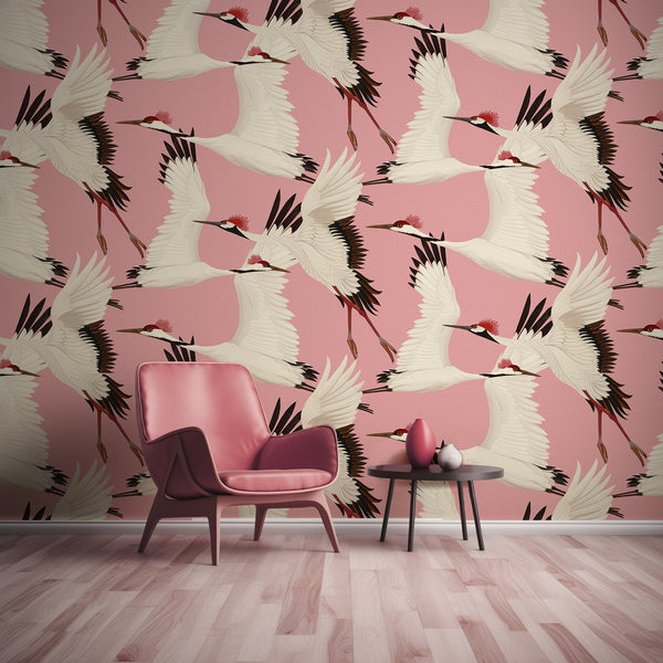 Serene Elegance: Heron on Pink Background Japonisme | Architectural Wallcoverings