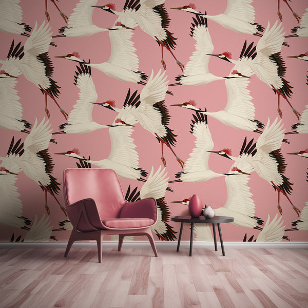Serene Elegance: Heron on Pink Background Chinoiserie | Architectural Wallcoverings