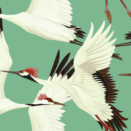 Serene Elegance: Heron on AquaMarine Background Japonisme | Architectural Wallcoverings