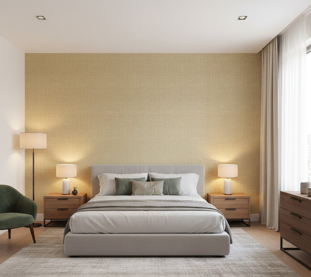 Hilary's Horizontal Grasscloth | Phillipe Romano - bedroom room setting