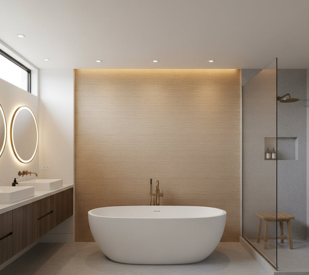 Hilary's Horizontal Grasscloth | Phillipe Romano - bathroom room setting