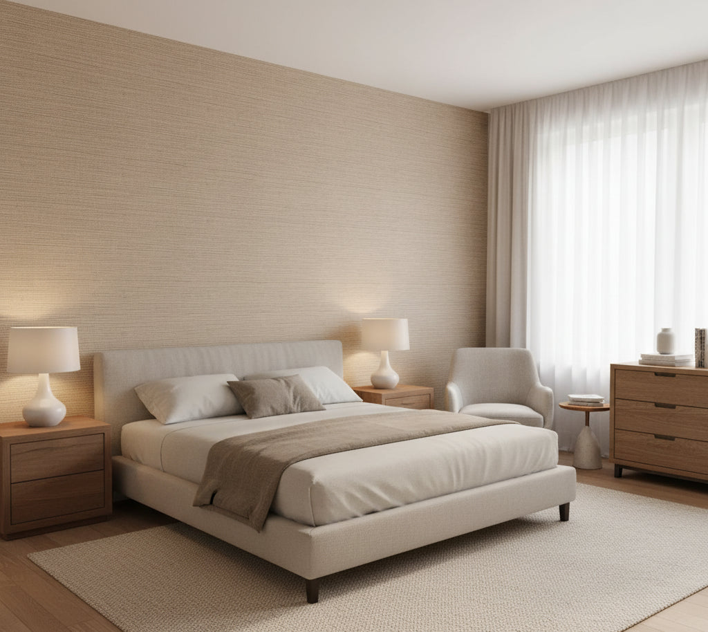 Hilary's Horizontal Grasscloth | Phillipe Romano - bedroom room setting