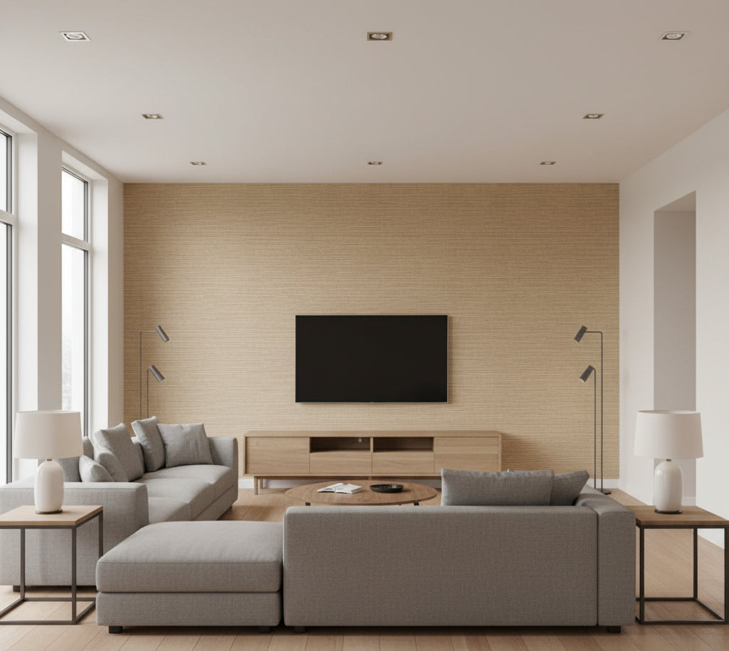 Hilary's Horizontal Grasscloth | Phillipe Romano - living room room setting