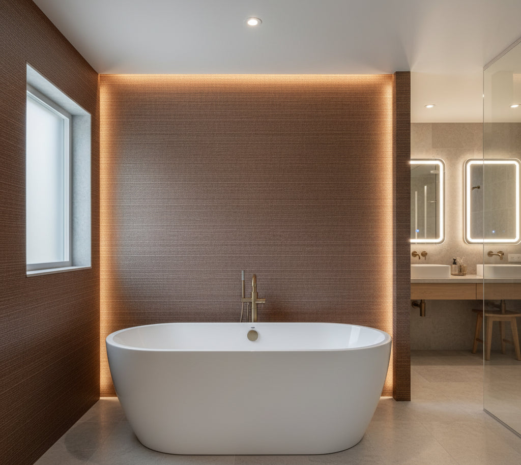 Hilary's Horizontal Grasscloth | Phillipe Romano - bathroom room setting