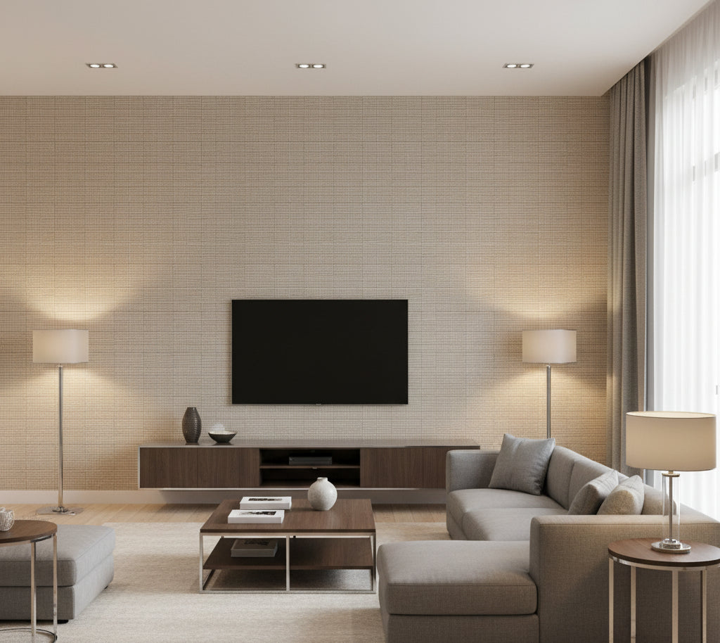 Hilary's Horizontal Grasscloth | Phillipe Romano - living room room setting