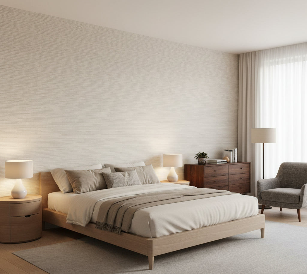 Hilary's Horizontal Grasscloth | Phillipe Romano - bedroom room setting