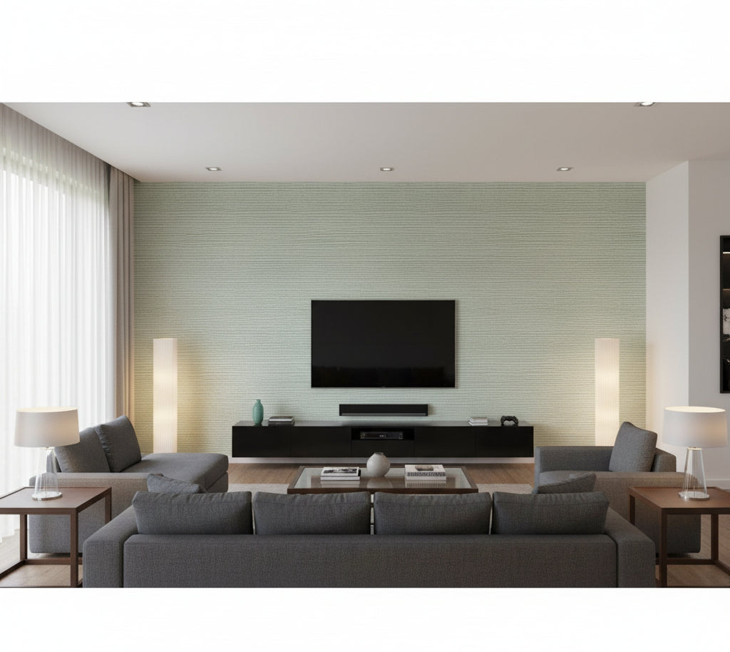 Hilary's Horizontal Grasscloth | Phillipe Romano - living room room setting