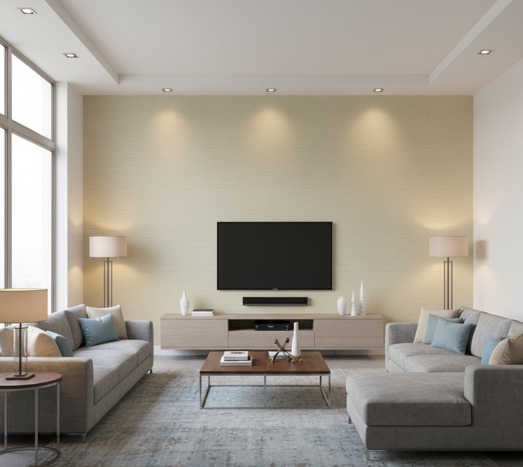 Hilary's Horizontal Grasscloth | Phillipe Romano - living room room setting