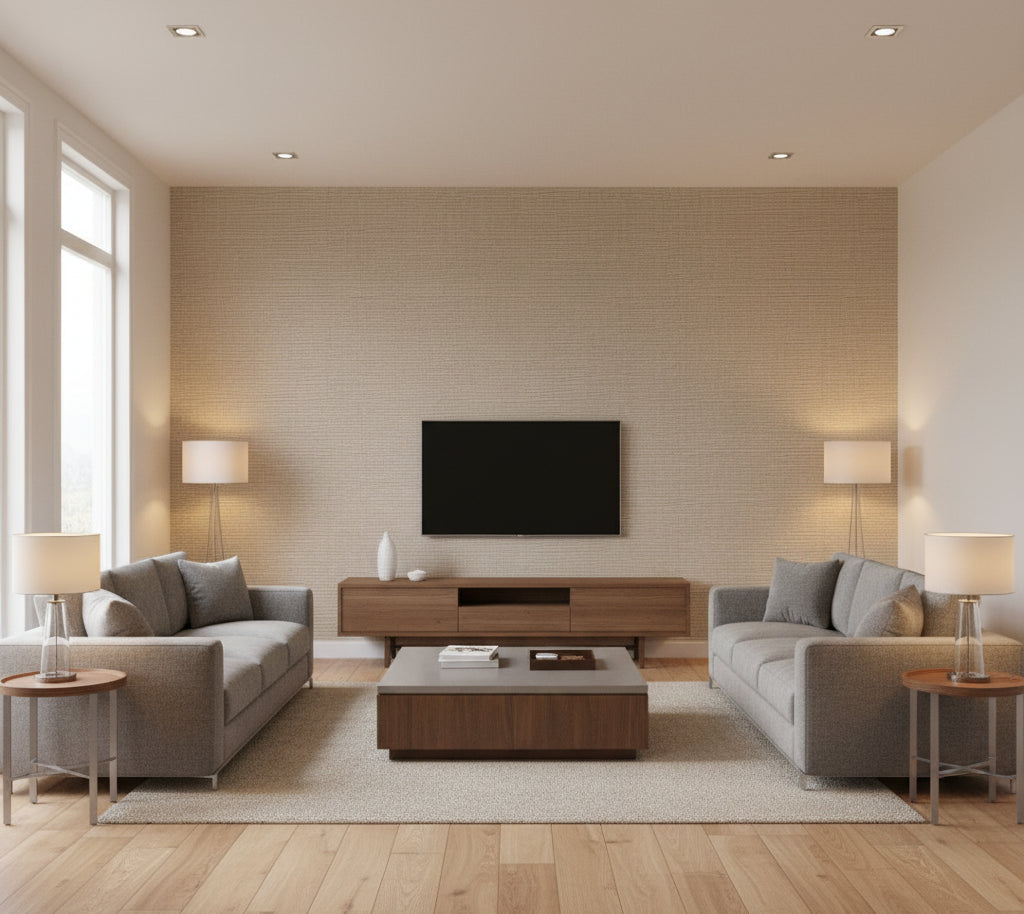 Hilary's Horizontal Grasscloth | Phillipe Romano - living room room setting