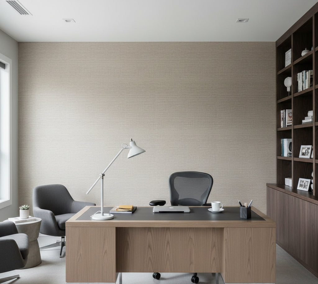Hilary's Horizontal Grasscloth | Phillipe Romano - office room setting