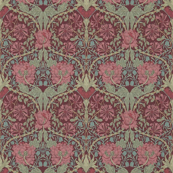 Honeysuckle & Tulip Wallpaper Sage Burgundy | William Morris