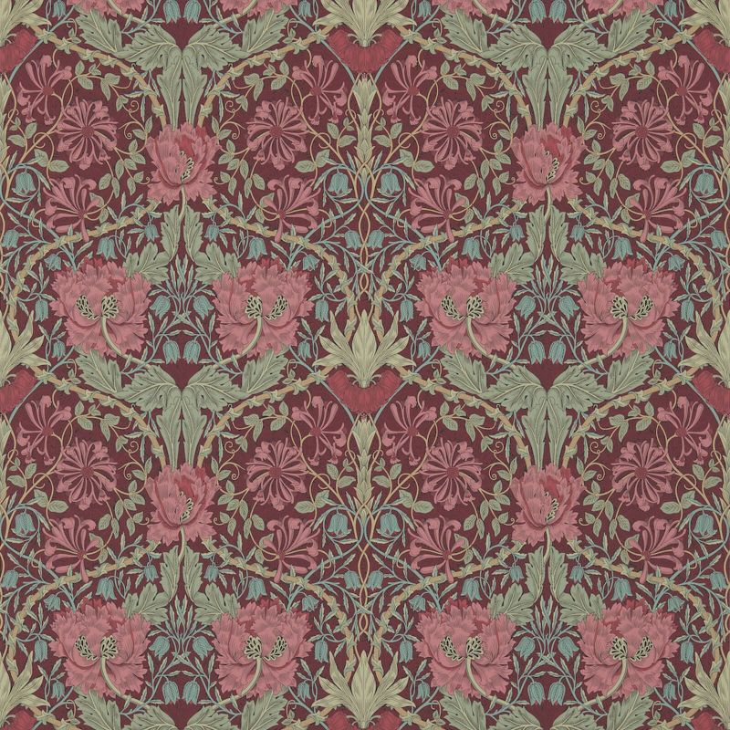 Honeysuckle & Tulip Wallpaper Sage Burgundy | William Morris